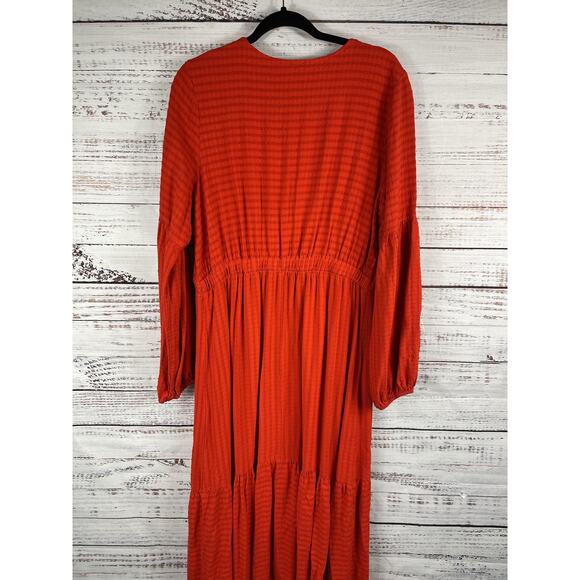 Amadi Dress Women's Large Red Textured V Neck Midi Long Sleeve Boho Made USA - Picture 7 of 9